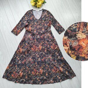 Boho Black Floral Jersey Cotton Dress Sleeves A-Line Maxi L Peruvian Connection